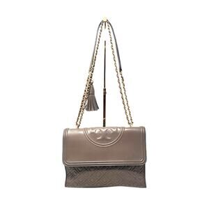 Tory Burch Fleming Convertible Shoulder Bag Crossbody Leather Gray Taupe
